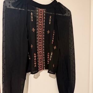 Zara Black Sheer Blouse with Pink and Cream Embroidery